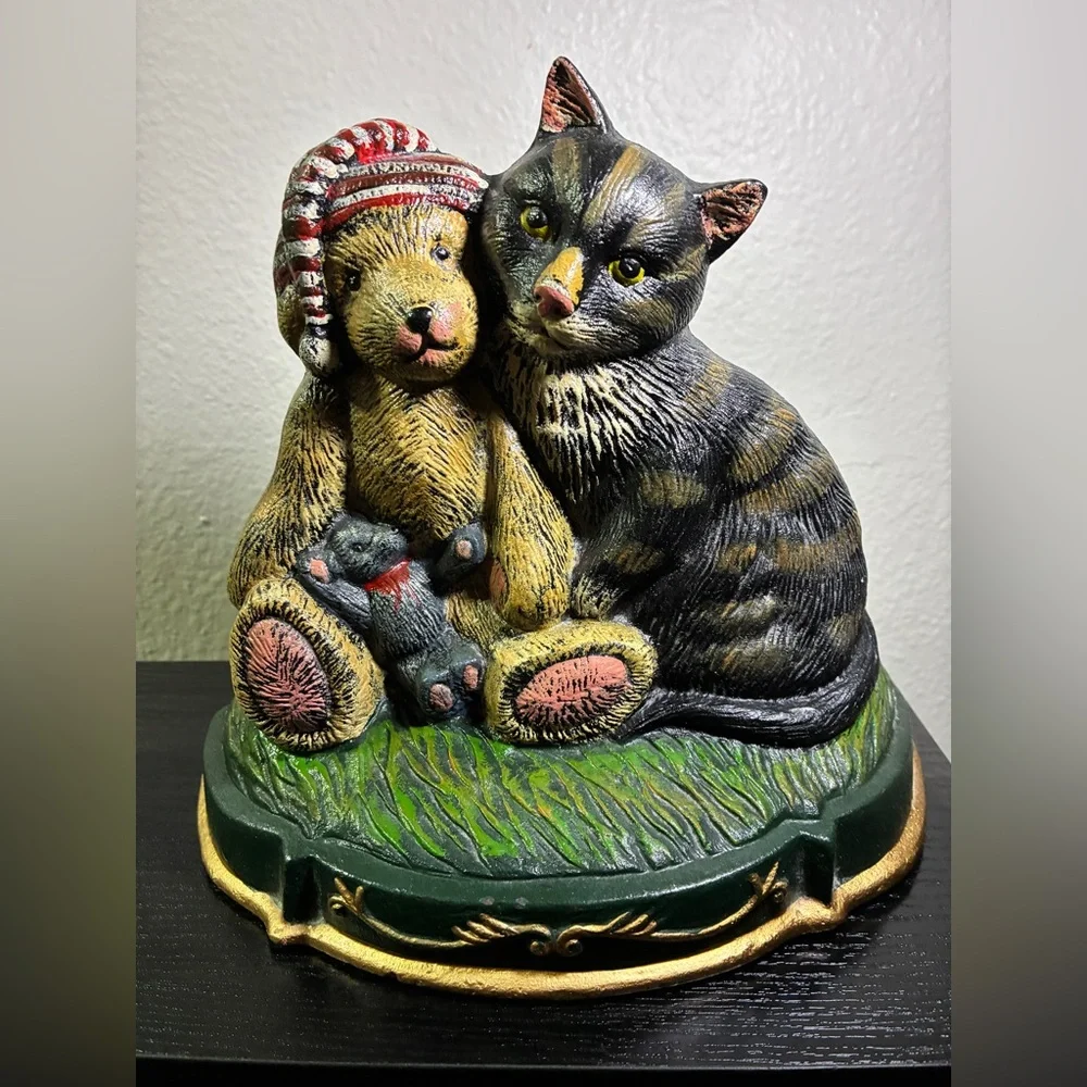 Vtg Heavy Cast Iron X-mas Bear & Cat Door Stopper Home Decor Teddy Night Metal
